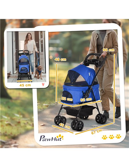 PawHut Dog Pram Dog Stroller Foldable Pet Pushchair with 4 Wheels, Safety Leashes, Cup Holder for Small Dogs, Blue - pic 144643 | FastDaddyshop