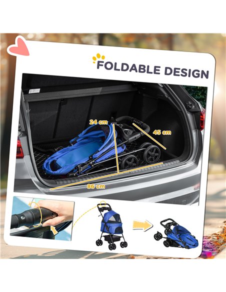 PawHut Dog Pram Dog Stroller Foldable Pet Pushchair with 4 Wheels, Safety Leashes, Cup Holder for Small Dogs, Blue - pic 144645 | FastDaddyshop