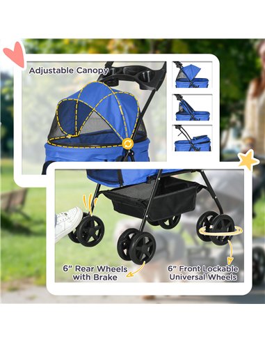 PawHut Dog Pram Dog Stroller Foldable Pet Pushchair with 4 Wheels, Safety Leashes, Cup Holder for Small Dogs, Blue