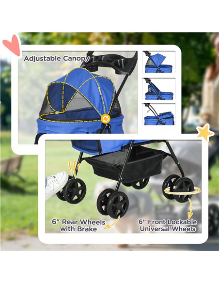 PawHut Dog Pram Dog Stroller Foldable Pet Pushchair with 4 Wheels, Safety Leashes, Cup Holder for Small Dogs, Blue - pic 144646 | FastDaddyshop