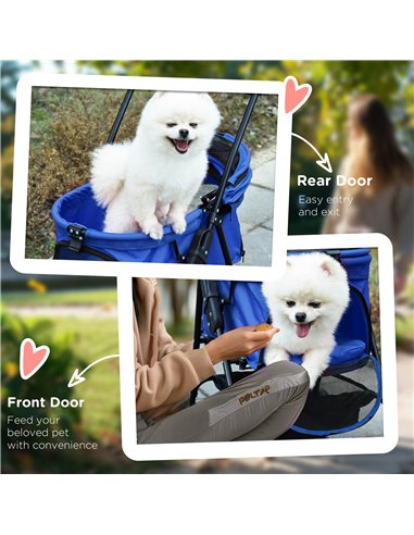 PawHut Dog Pram Dog Stroller Foldable Pet Pushchair with 4 Wheels, Safety Leashes, Cup Holder for Small Dogs, Blue