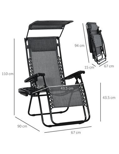 Outsunny Zero Gravity Garden Deck Folding Chair Patio Sun Lounger Reclining Seat with Cup Holder & Canopy Shade - Grey