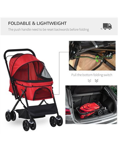 PawHut Pet Stroller Pushchair Foldable Travel Dog Cat Carriage w/ Reversible Handle Brake Basket