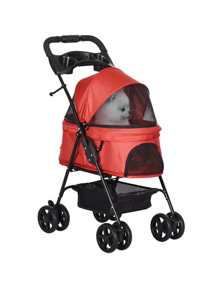 PawHut Dog Pram Dog Stroller Foldable Pet Pushchair with 4 Wheels, Safety Leashes, Cup Holder for Small Dogs, Red - pic 144659 | FastDaddyshop