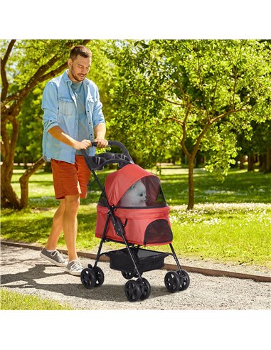 PawHut Dog Pram Dog Stroller Foldable Pet Pushchair with 4 Wheels, Safety Leashes, Cup Holder for Small Dogs, Red