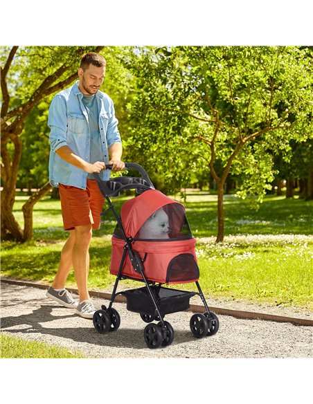 PawHut Dog Pram Dog Stroller Foldable Pet Pushchair with 4 Wheels, Safety Leashes, Cup Holder for Small Dogs, Red - pic 144660 | FastDaddyshop