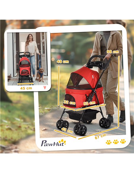 PawHut Dog Pram Dog Stroller Foldable Pet Pushchair with 4 Wheels, Safety Leashes, Cup Holder for Small Dogs, Red - pic 144661 | FastDaddyshop