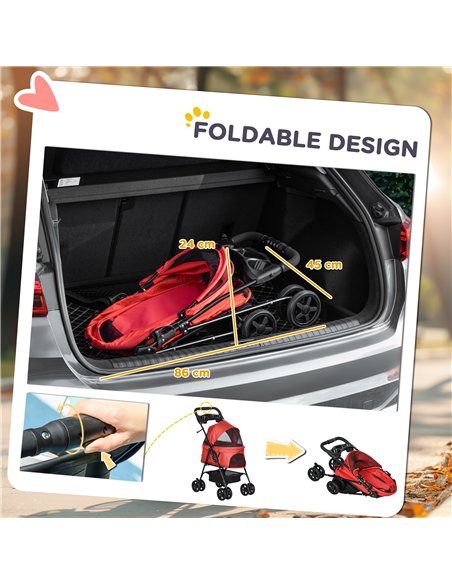 PawHut Dog Pram Dog Stroller Foldable Pet Pushchair with 4 Wheels, Safety Leashes, Cup Holder for Small Dogs, Red - pic 144663 | FastDaddyshop