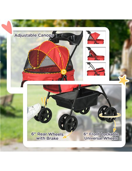 PawHut Dog Pram Dog Stroller Foldable Pet Pushchair with 4 Wheels, Safety Leashes, Cup Holder for Small Dogs, Red - pic 144664 | FastDaddyshop