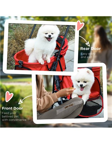 PawHut Dog Pram Dog Stroller Foldable Pet Pushchair with 4 Wheels, Safety Leashes, Cup Holder for Small Dogs, Red