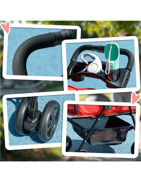 PawHut Dog Pram Dog Stroller Foldable Pet Pushchair with 4 Wheels, Safety Leashes, Cup Holder for Small Dogs, Red - pic 144666 | FastDaddyshop
