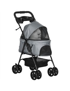 PawHut Dog Pram Dog Stroller Foldable Pet Pushchair with 4 Wheels, Safety Leashes, Cup Holder for Small Dogs, Grey
