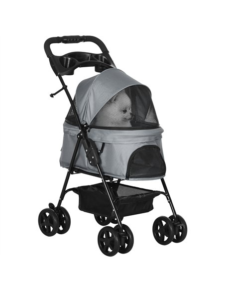 PawHut Dog Pram Dog Stroller Foldable Pet Pushchair with 4 Wheels, Safety Leashes, Cup Holder for Small Dogs, Grey - pic 144668 | FastDaddyshop