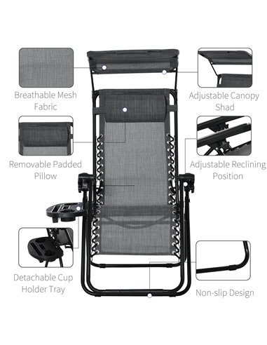 Outsunny Zero Gravity Garden Deck Folding Chair Patio Sun Lounger Reclining Seat with Cup Holder & Canopy Shade - Grey