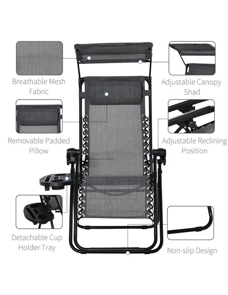 Outsunny Zero Gravity Garden Deck Folding Chair Patio Sun Lounger Reclining Seat with Cup Holder & Canopy Shade - Grey - pic 14467 | FastDaddyshop