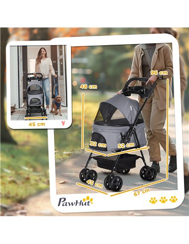PawHut Dog Pram Dog Stroller Foldable Pet Pushchair with 4 Wheels, Safety Leashes, Cup Holder for Small Dogs, Grey