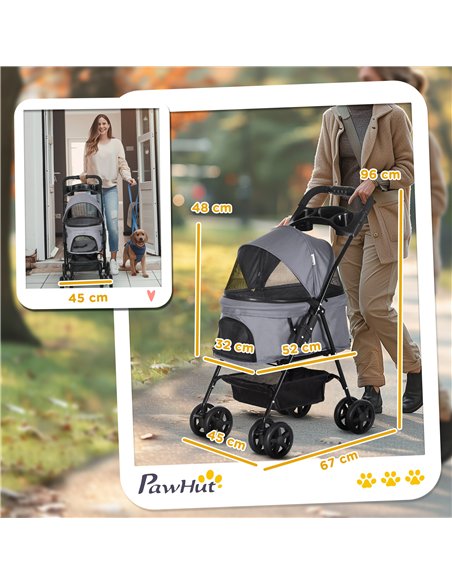 PawHut Dog Pram Dog Stroller Foldable Pet Pushchair with 4 Wheels, Safety Leashes, Cup Holder for Small Dogs, Grey - pic 144670 | FastDaddyshop