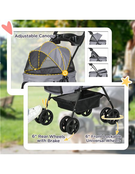 PawHut Dog Pram Dog Stroller Foldable Pet Pushchair with 4 Wheels, Safety Leashes, Cup Holder for Small Dogs, Grey - pic 144673 | FastDaddyshop