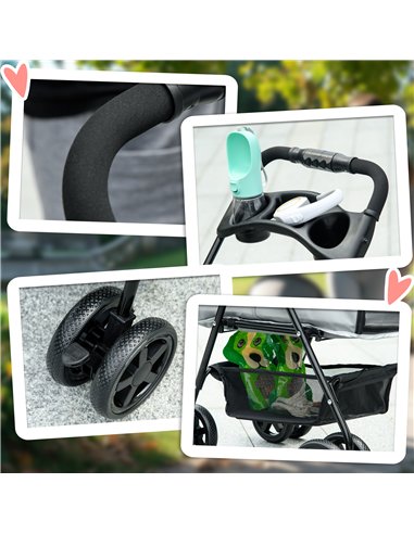 PawHut Dog Pram Dog Stroller Foldable Pet Pushchair with 4 Wheels, Safety Leashes, Cup Holder for Small Dogs, Grey