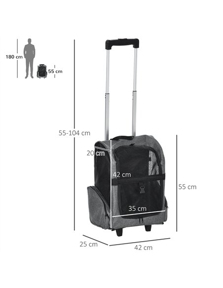 PawHut Pet Travel Backpack Bag Cat Puppy Dog Carrier w/ Trolley and Telescopic Handle Portable Stroller Wheel Luggage Bag (Grey) - pic 144697 | FastDaddyshop