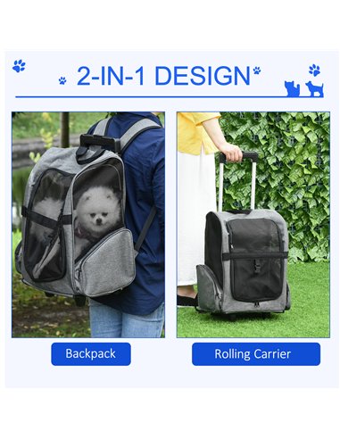 PawHut Pet Travel Backpack Bag Cat Puppy Dog Carrier w/ Trolley and Telescopic Handle Portable Stroller Wheel Luggage Bag (Grey)