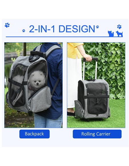 PawHut Pet Travel Backpack Bag Cat Puppy Dog Carrier w/ Trolley and Telescopic Handle Portable Stroller Wheel Luggage Bag (Grey) - pic 144698 | FastDaddyshop
