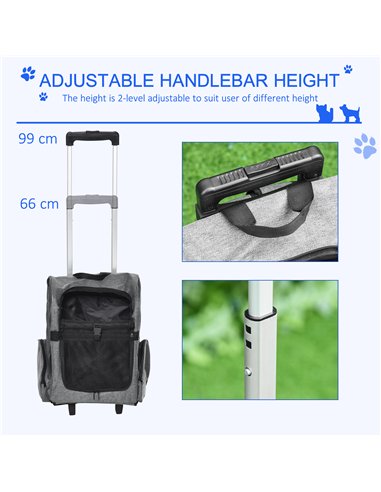 PawHut Pet Travel Backpack Bag Cat Puppy Dog Carrier w/ Trolley and Telescopic Handle Portable Stroller Wheel Luggage Bag (Grey)