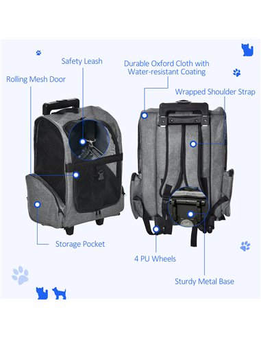 PawHut Pet Travel Backpack Bag Cat Puppy Dog Carrier w/ Trolley and Telescopic Handle Portable Stroller Wheel Luggage Bag (Grey)