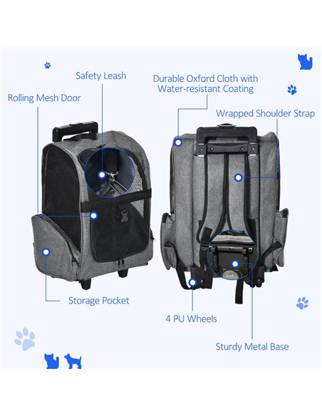 PawHut Pet Travel Backpack Bag Cat Puppy Dog Carrier w/ Trolley and Telescopic Handle Portable Stroller Wheel Luggage Bag (Grey) - pic 144700 | FastDaddyshop