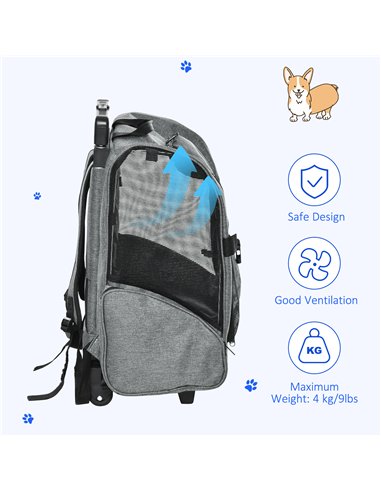 PawHut Pet Travel Backpack Bag Cat Puppy Dog Carrier w/ Trolley and Telescopic Handle Portable Stroller Wheel Luggage Bag (Grey)