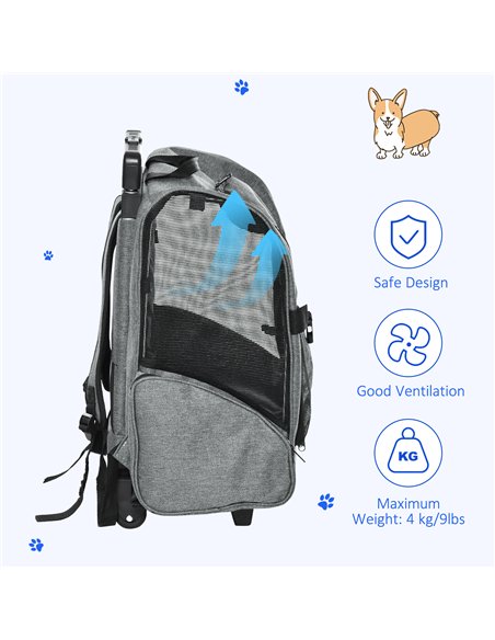 PawHut Pet Travel Backpack Bag Cat Puppy Dog Carrier w/ Trolley and Telescopic Handle Portable Stroller Wheel Luggage Bag (Grey) - pic 144701 | FastDaddyshop