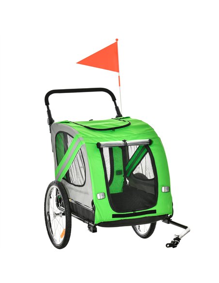 PawHut 2-In-1 Dog Bike Trailer Pet Stroller Pushchair with Universal Wheel Reflector Flag Green - pic 144704 | FastDaddyshop