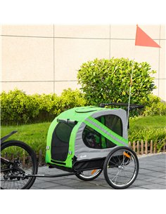PawHut 2-In-1 Dog Bike Trailer Pet Stroller Pushchair with Universal Wheel Reflector Flag Green 2