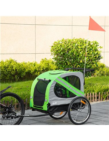 PawHut 2-In-1 Dog Bike Trailer Pet Stroller Pushchair with Universal Wheel Reflector Flag Green