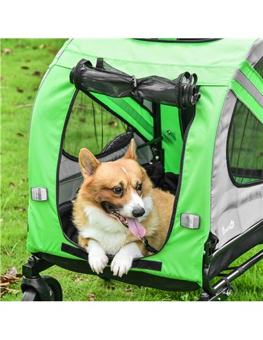 PawHut 2-In-1 Dog Bike Trailer Pet Stroller Pushchair with Universal Wheel Reflector Flag Green