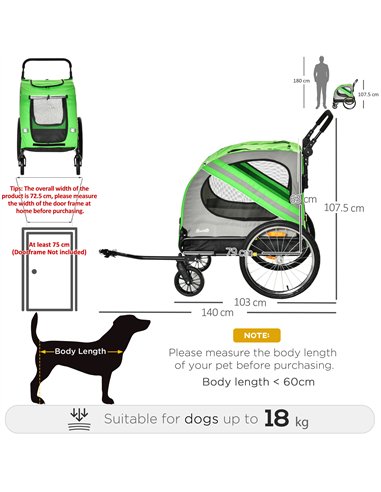 PawHut 2-In-1 Dog Bike Trailer Pet Stroller Pushchair with Universal Wheel Reflector Flag Green