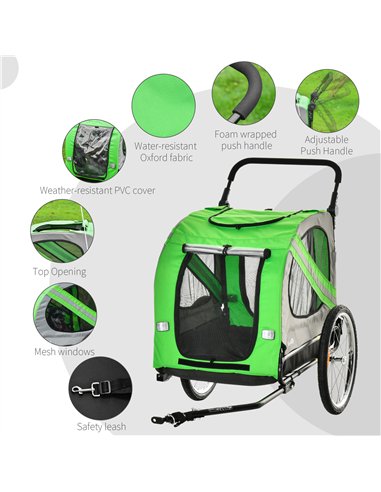 PawHut 2-In-1 Dog Bike Trailer Pet Stroller Pushchair with Universal Wheel Reflector Flag Green