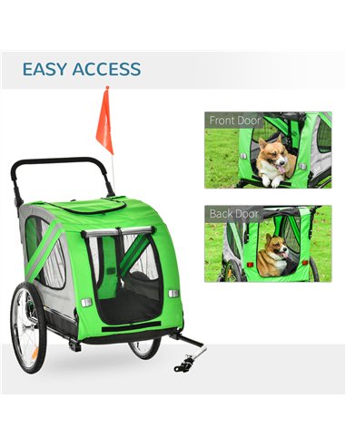 PawHut 2-In-1 Dog Bike Trailer Pet Stroller Pushchair with Universal Wheel Reflector Flag Green
