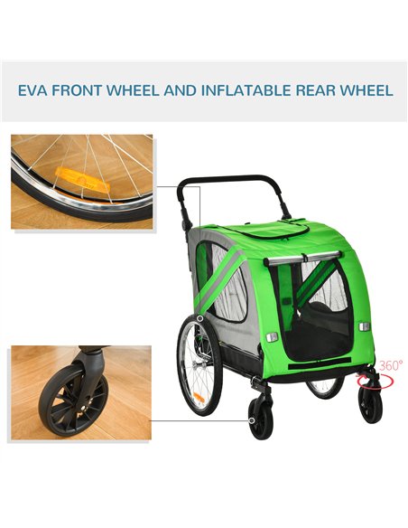 PawHut 2-In-1 Dog Bike Trailer Pet Stroller Pushchair with Universal Wheel Reflector Flag Green - pic 144711 | FastDaddyshop
