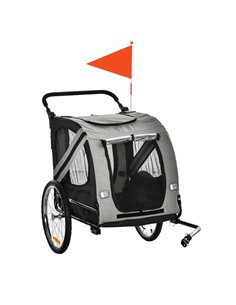 PawHut 2-In-1 Pet Bike Trailer Dog Stroller Pushchair with Universal Wheel Reflector Flag Grey