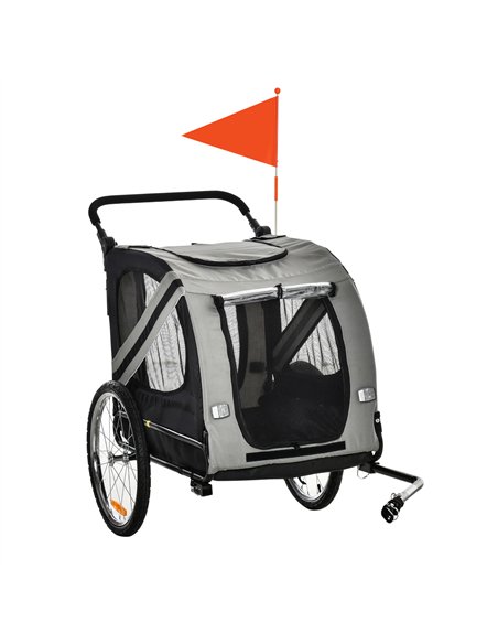 PawHut 2-In-1 Pet Bike Trailer Dog Stroller Pushchair with Universal Wheel Reflector Flag Grey - pic 144713 | FastDaddyshop