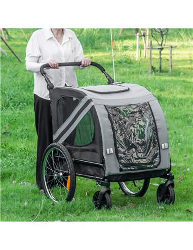 PawHut 2-In-1 Pet Bike Trailer Dog Stroller Pushchair with Universal Wheel Reflector Flag Grey