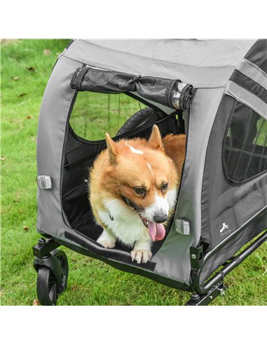 PawHut 2-In-1 Pet Bike Trailer Dog Stroller Pushchair with Universal Wheel Reflector Flag Grey