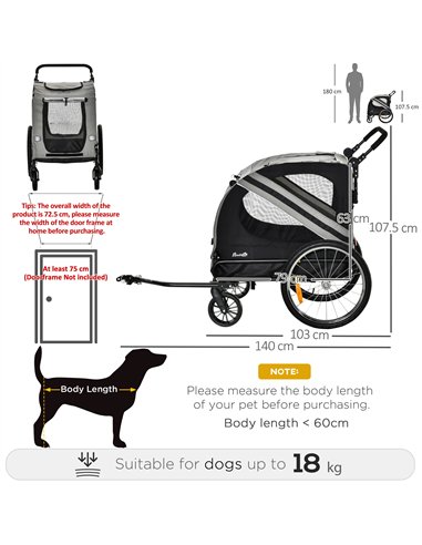 PawHut 2-In-1 Pet Bike Trailer Dog Stroller Pushchair with Universal Wheel Reflector Flag Grey