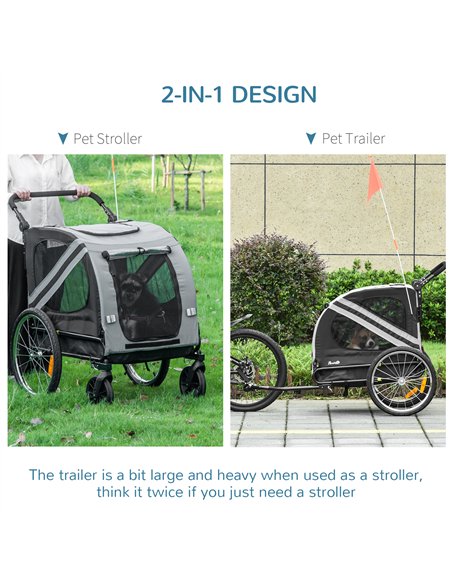 PawHut 2-In-1 Pet Bike Trailer Dog Stroller Pushchair with Universal Wheel Reflector Flag Grey - pic 144717 | FastDaddyshop