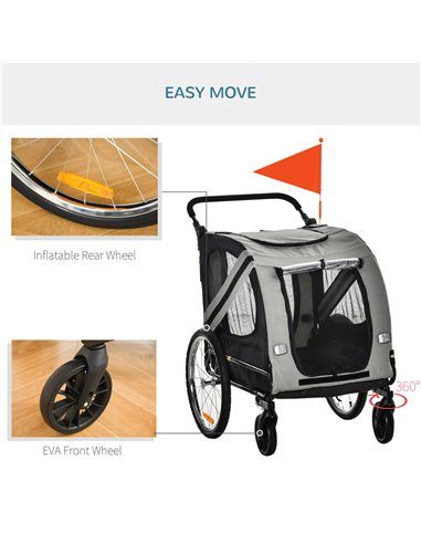 PawHut 2-In-1 Pet Bike Trailer Dog Stroller Pushchair with Universal Wheel Reflector Flag Grey