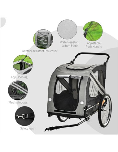 PawHut 2-In-1 Pet Bike Trailer Dog Stroller Pushchair with Universal Wheel Reflector Flag Grey