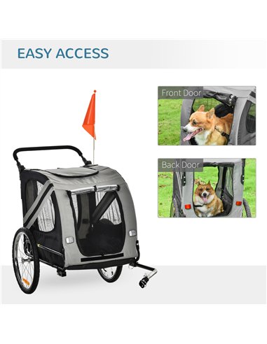 PawHut 2-In-1 Pet Bike Trailer Dog Stroller Pushchair with Universal Wheel Reflector Flag Grey