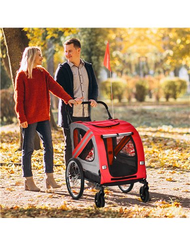 PawHut 2-In-1 Dog Bike Trailer Pet Stroller with Universal Wheel Reflector Flag Red