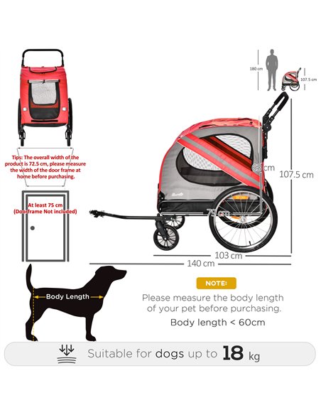 PawHut 2-In-1 Dog Bike Trailer Pet Stroller with Universal Wheel Reflector Flag Red - pic 144725 | FastDaddyshop